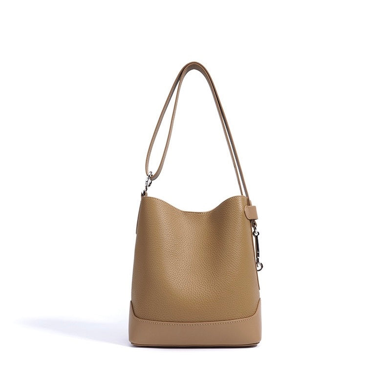 Genuine Leather Lychee Grain Bucket Crossbody Bag for Women