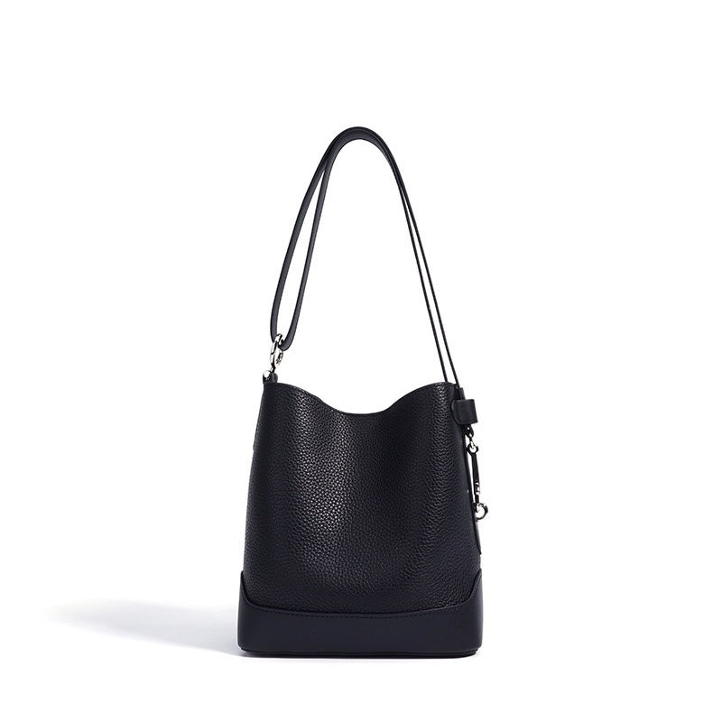 Genuine Leather Lychee Grain Bucket Crossbody Bag for Women
