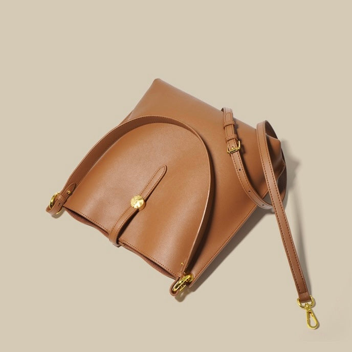 Elegant Genuine Leather Commuter Bucket Tote Bag