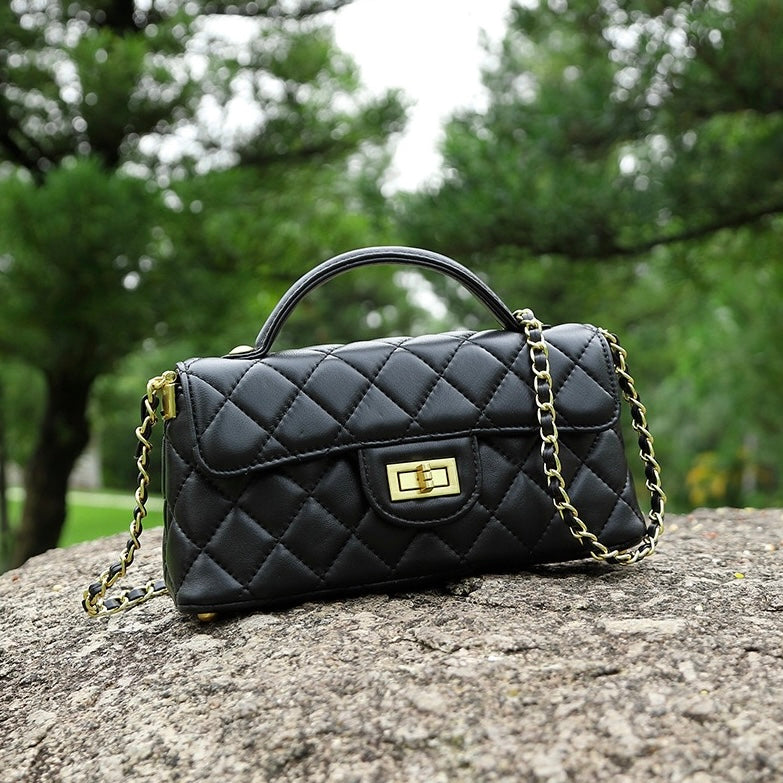 Quilted Chain Shoulder Crossbody Bag in Genuine Leather