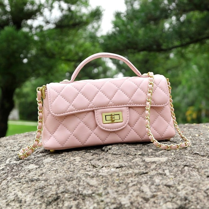 Quilted Chain Shoulder Crossbody Bag in Genuine Leather