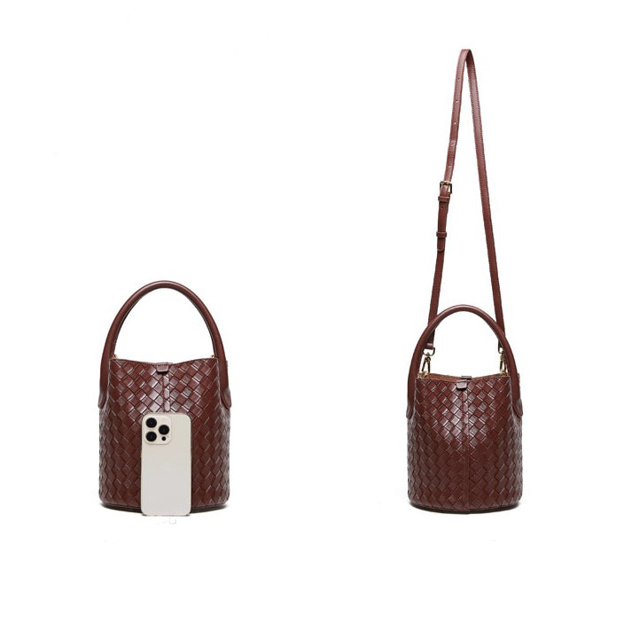 Luxury Genuine Leather Woven Bucket Crossbody Handbag