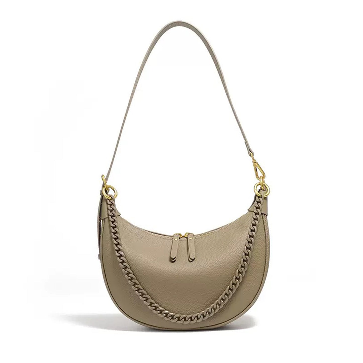 Genuine Leather Baguette Dumpling Bag with Luxe Chain
