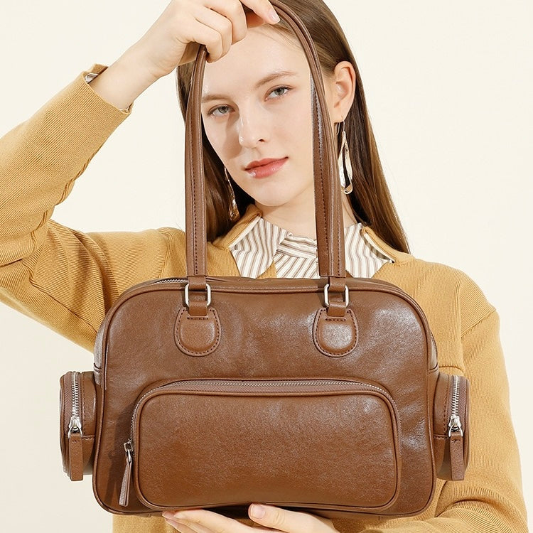 Vintage Genuine Leather Bowling Handbag with Sophisticated Side Pockets
