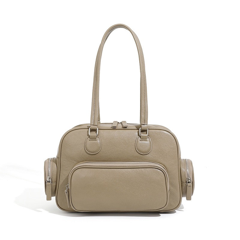 Vintage Genuine Leather Bowling Handbag with Sophisticated Side Pockets