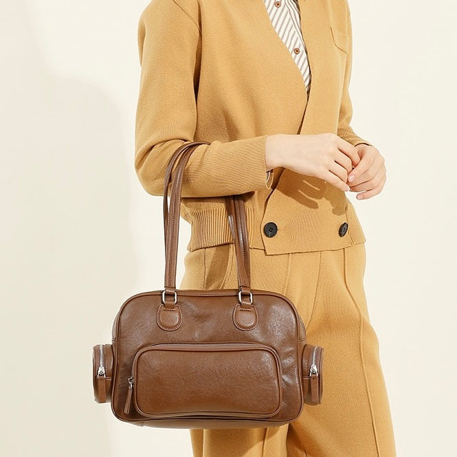 Vintage Genuine Leather Bowling Handbag with Sophisticated Side Pockets