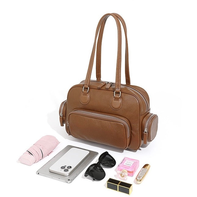 Vintage Genuine Leather Bowling Handbag with Sophisticated Side Pockets
