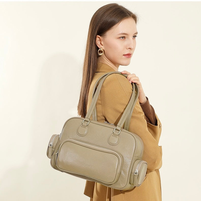 Vintage Genuine Leather Bowling Handbag with Sophisticated Side Pockets