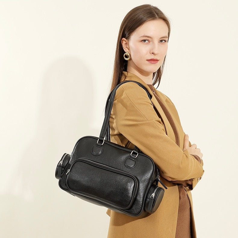 Vintage Genuine Leather Bowling Handbag with Sophisticated Side Pockets