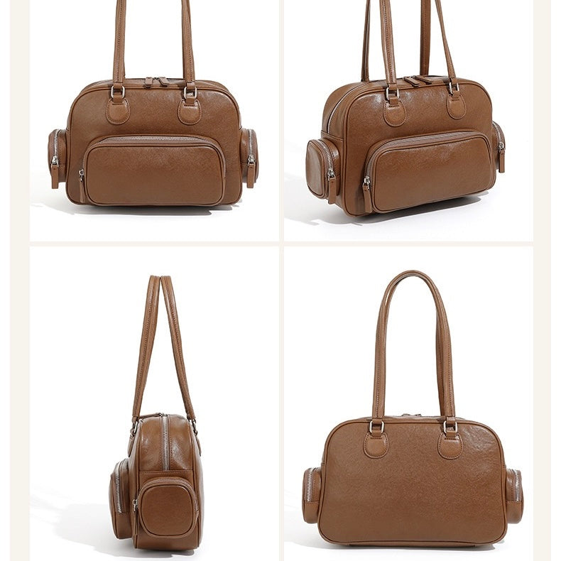 Vintage Genuine Leather Bowling Handbag with Sophisticated Side Pockets