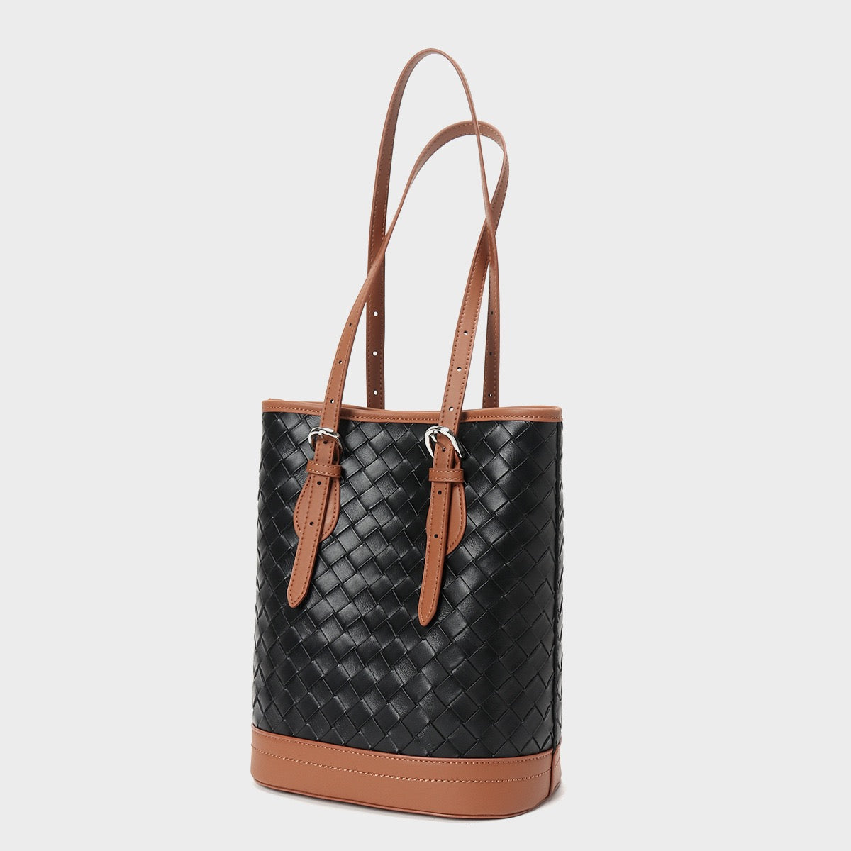 Elegant Woven Leather Color Block Bucket Tote Bag