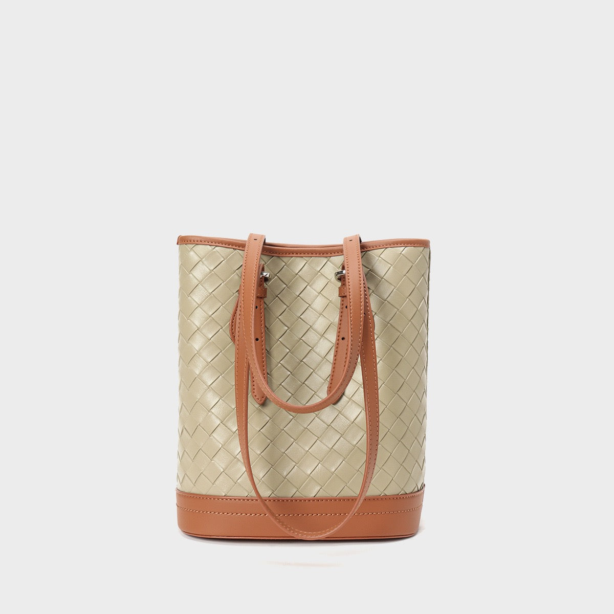 Elegant Woven Leather Color Block Bucket Tote Bag