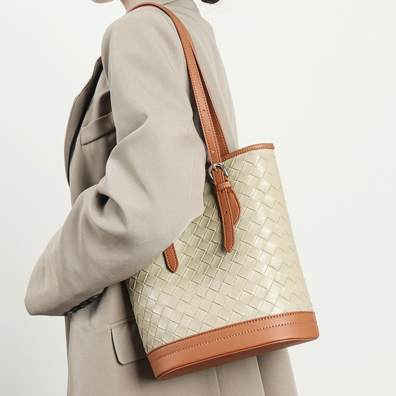 Elegant Woven Leather Color Block Bucket Tote Bag
