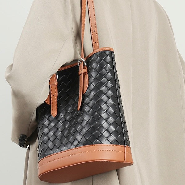Elegant Woven Leather Color Block Bucket Tote Bag