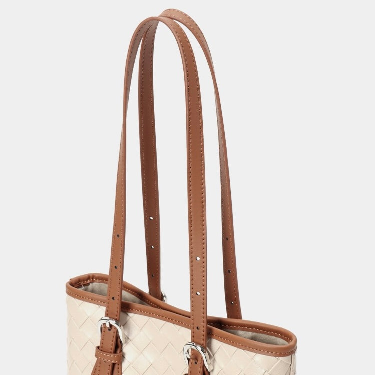 Elegant Woven Leather Color Block Bucket Tote Bag