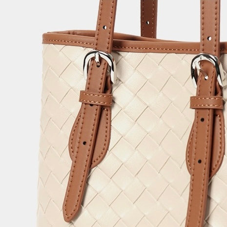 Elegant Woven Leather Color Block Bucket Tote Bag