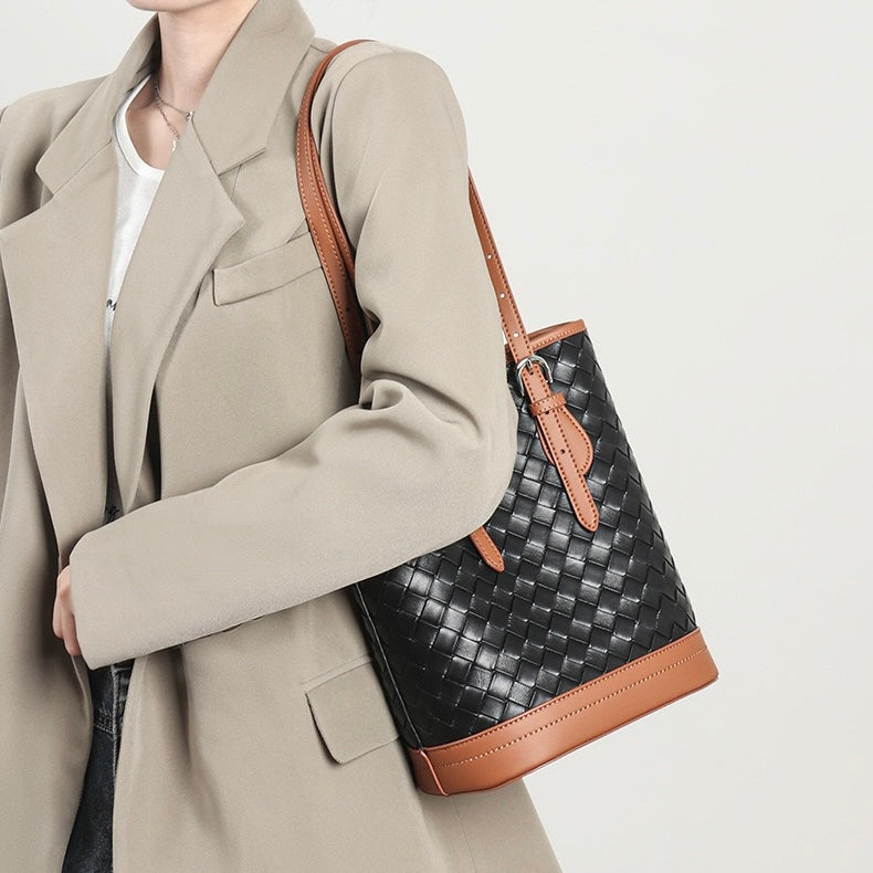 Elegant Woven Leather Color Block Bucket Tote Bag