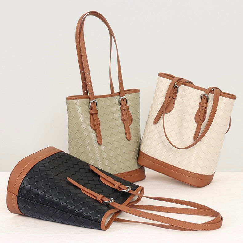 Elegant Woven Leather Color Block Bucket Tote Bag
