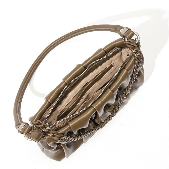 Olive Luxe Genuine Leather Shoulder Bag with Chain & Lock Charm