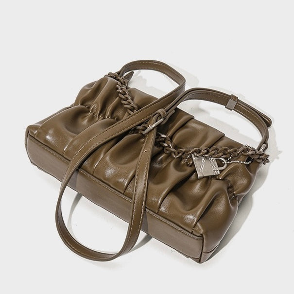 Olive Luxe Genuine Leather Shoulder Bag with Chain & Lock Charm