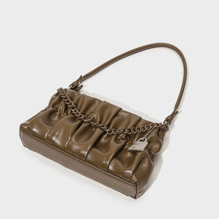 Olive Luxe Genuine Leather Shoulder Bag with Chain & Lock Charm