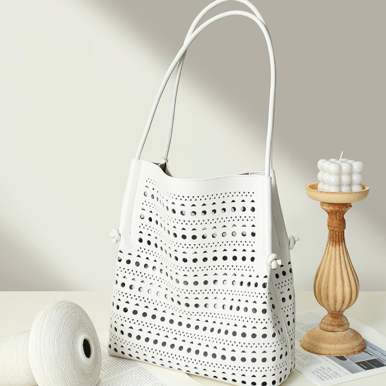 Elegant Genuine Leather Perforated Tote Bag with Detachable Pouch
