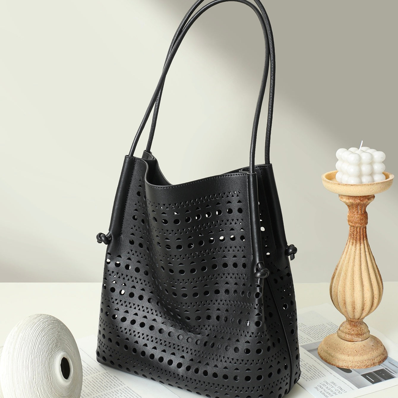 Elegant Genuine Leather Perforated Tote Bag with Detachable Pouch