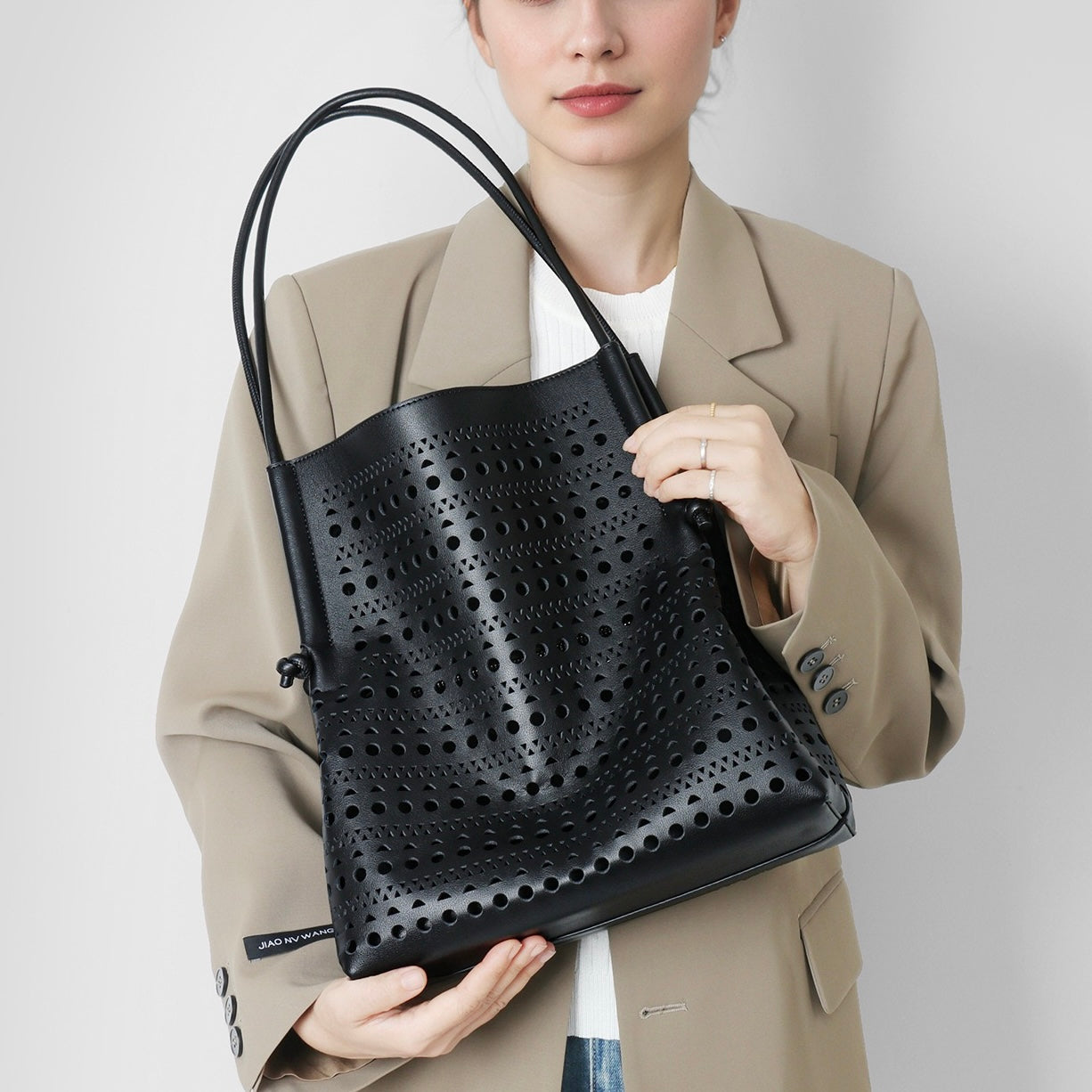Elegant Genuine Leather Perforated Tote Bag with Detachable Pouch