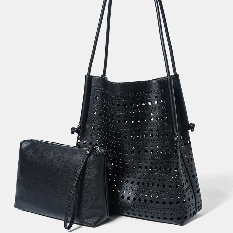 Elegant Genuine Leather Perforated Tote Bag with Detachable Pouch