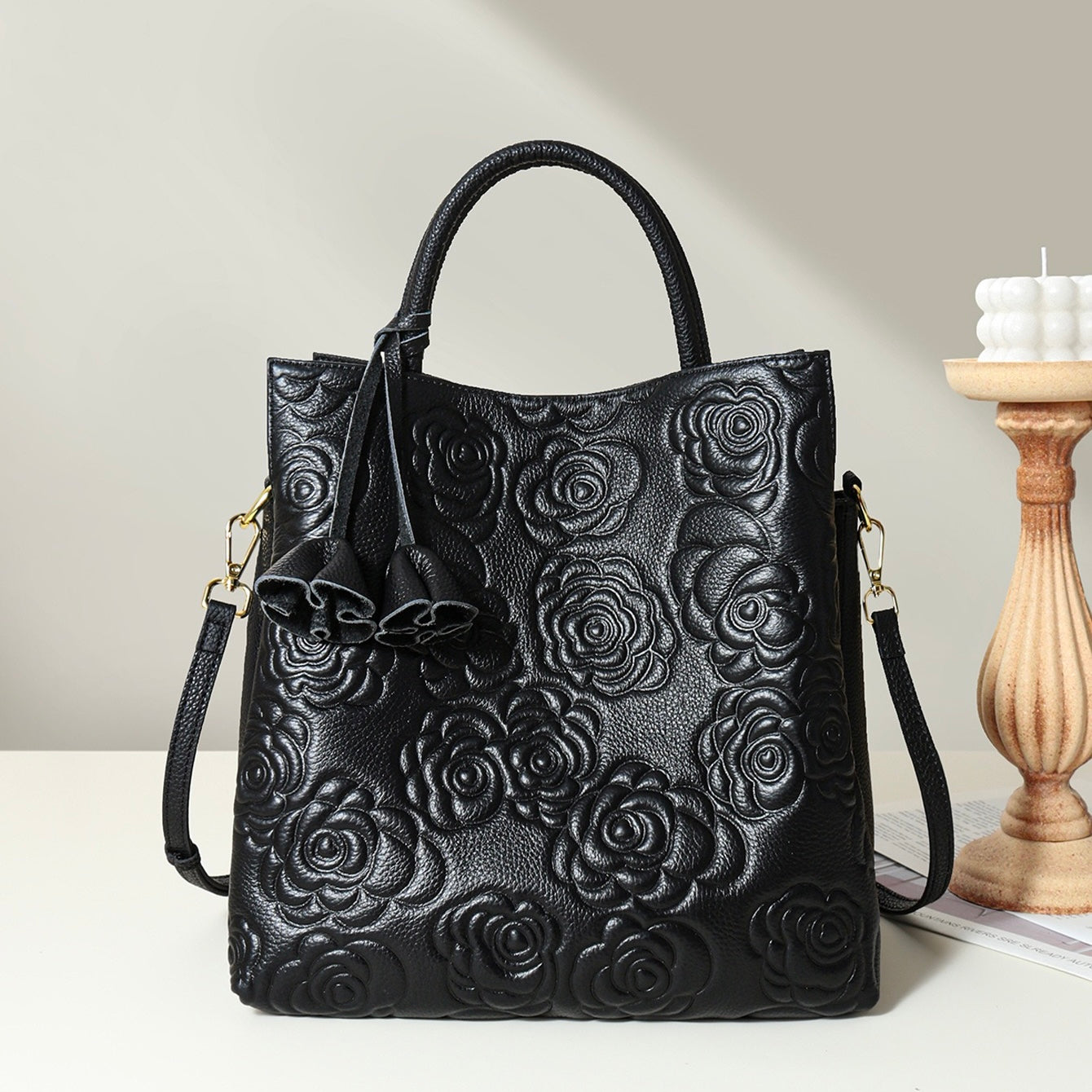 Elegant Rose Embossed Genuine Leather Tote with Detachable Strap