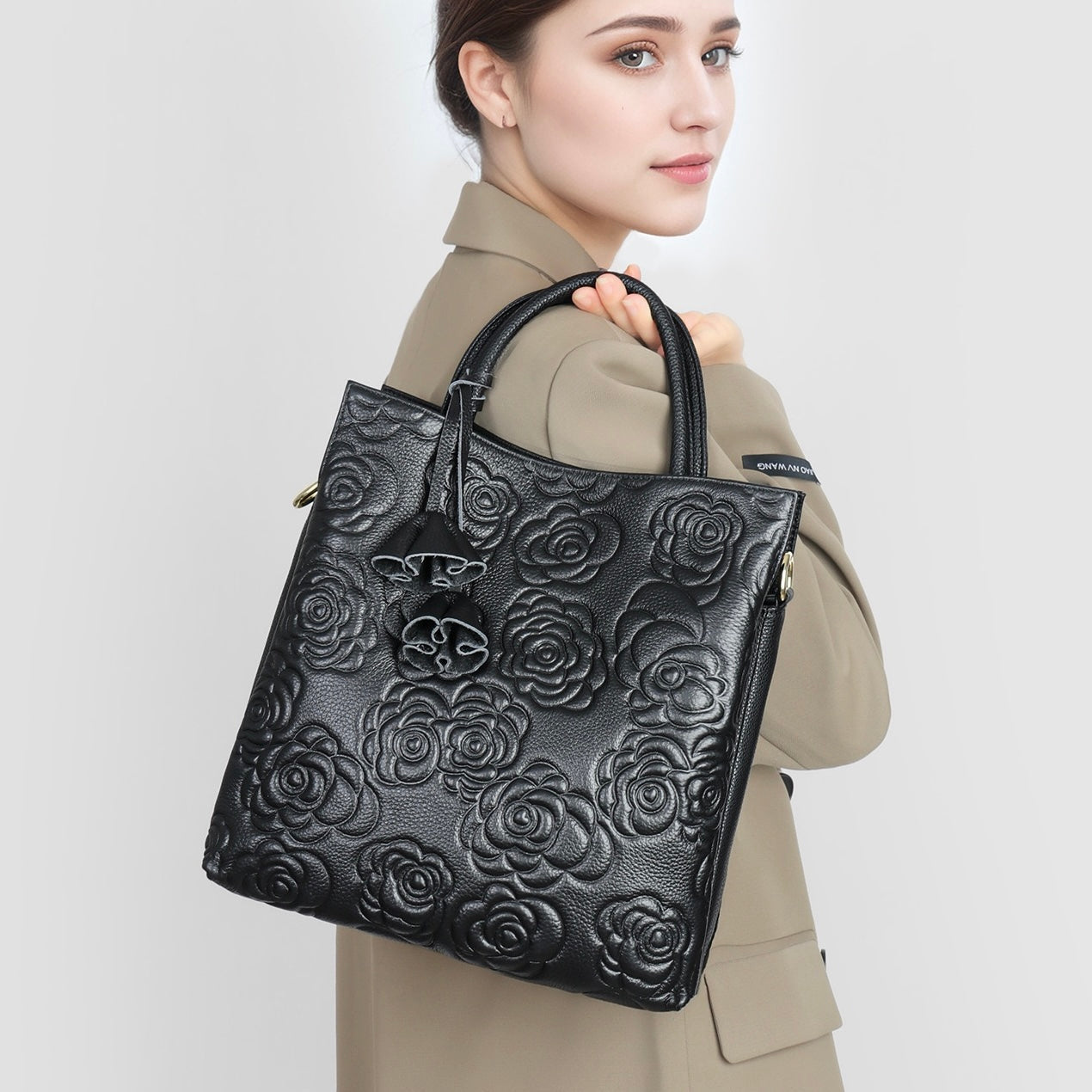 Elegant Rose Embossed Genuine Leather Tote with Detachable Strap