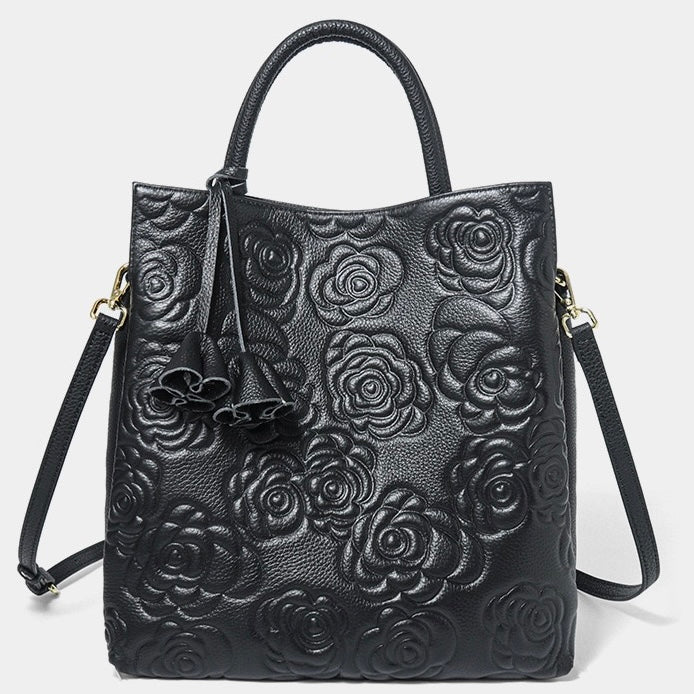 Elegant Rose Embossed Genuine Leather Tote with Detachable Strap