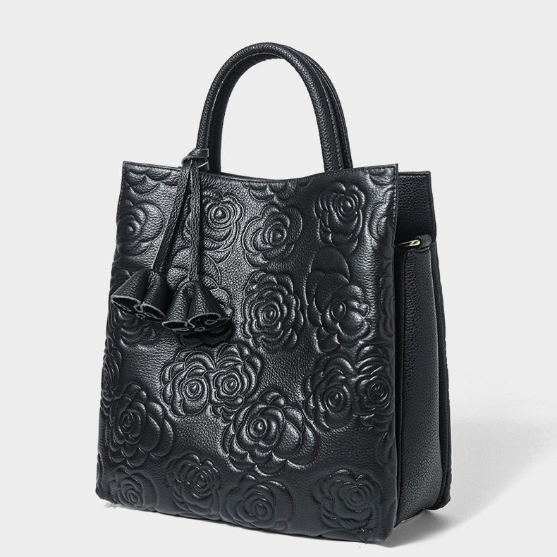 Elegant Rose Embossed Genuine Leather Tote with Detachable Strap