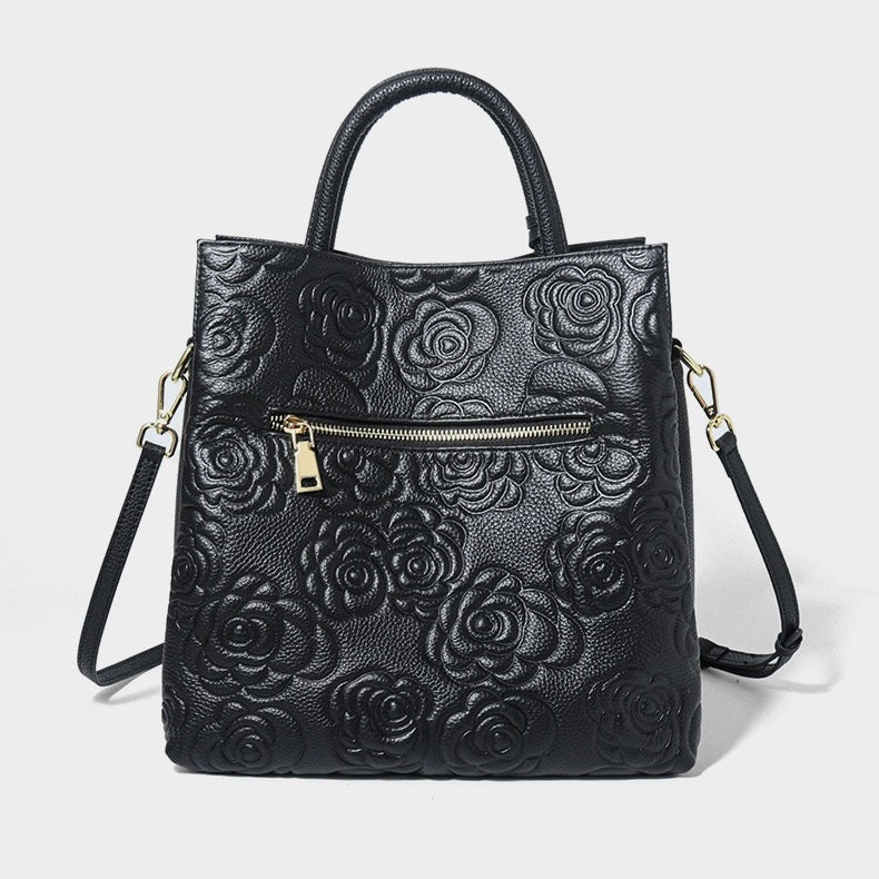 Elegant Rose Embossed Genuine Leather Tote with Detachable Strap