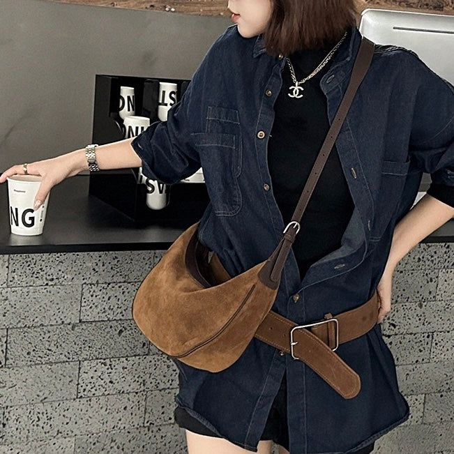 Brown Suede Leather Elegance Hobo Dumpling Bag