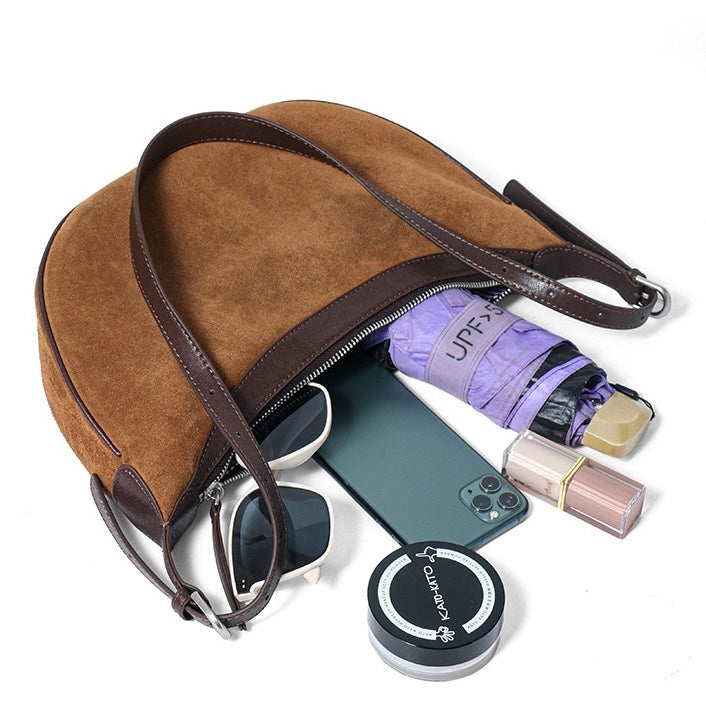 Brown Suede Leather Elegance Hobo Dumpling Bag