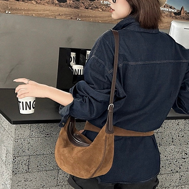 Brown Suede Leather Elegance Hobo Dumpling Bag