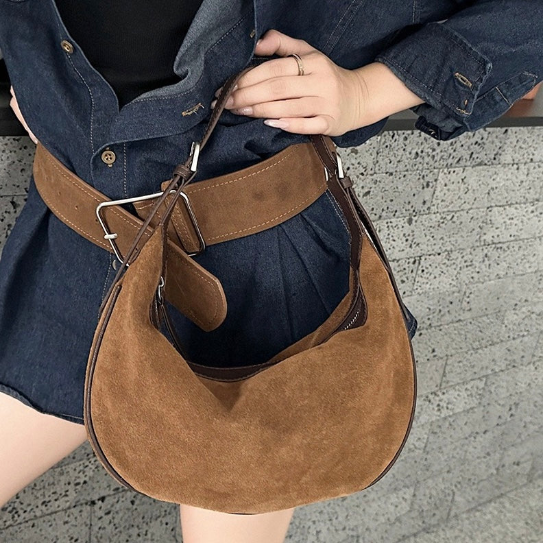 Brown Suede Leather Elegance Hobo Dumpling Bag