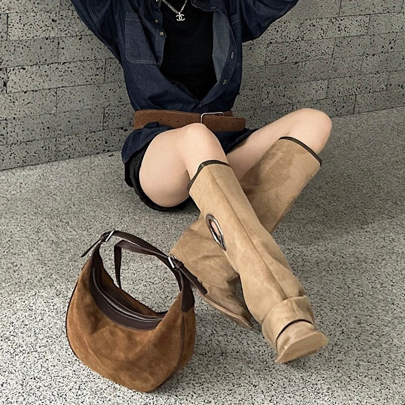 Brown Suede Leather Elegance Hobo Dumpling Bag