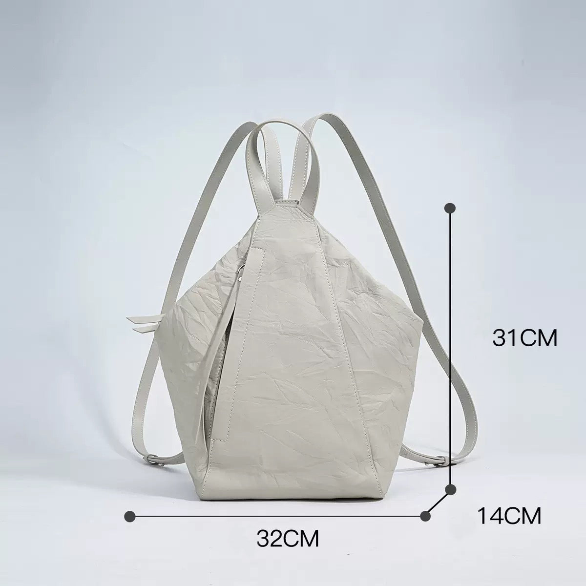 Convertible Pleated Genuine Leather Backpack in Creamy White