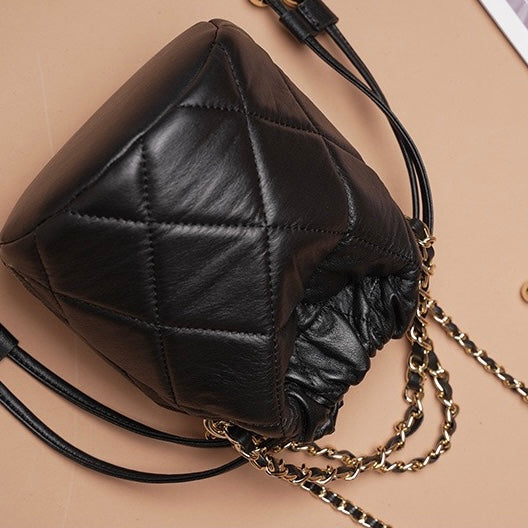 Chic Genuine Leather Bucket Bag with Elegant Chain Strap