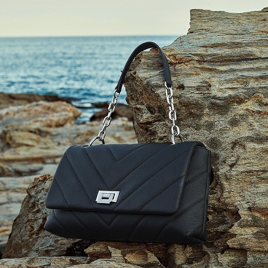 V-Quilted Genuine Leather Shoulder Bag with Chain Detail