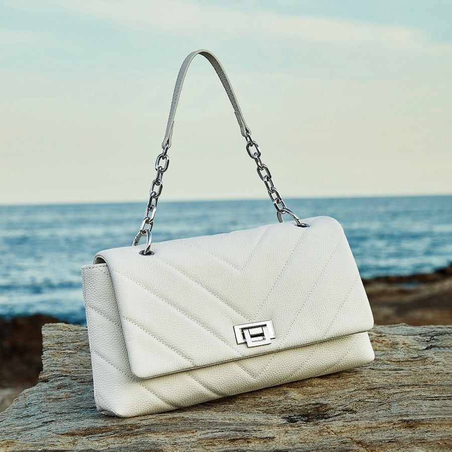 V-Quilted Genuine Leather Shoulder Bag with Chain Detail