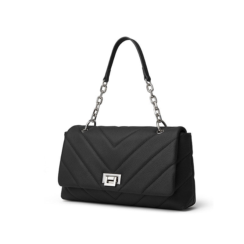 V-Quilted Genuine Leather Shoulder Bag with Chain Detail