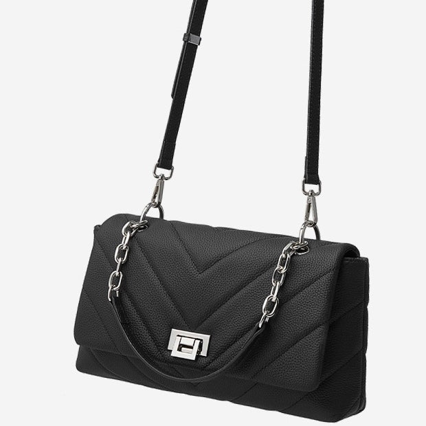 V-Quilted Genuine Leather Shoulder Bag with Chain Detail