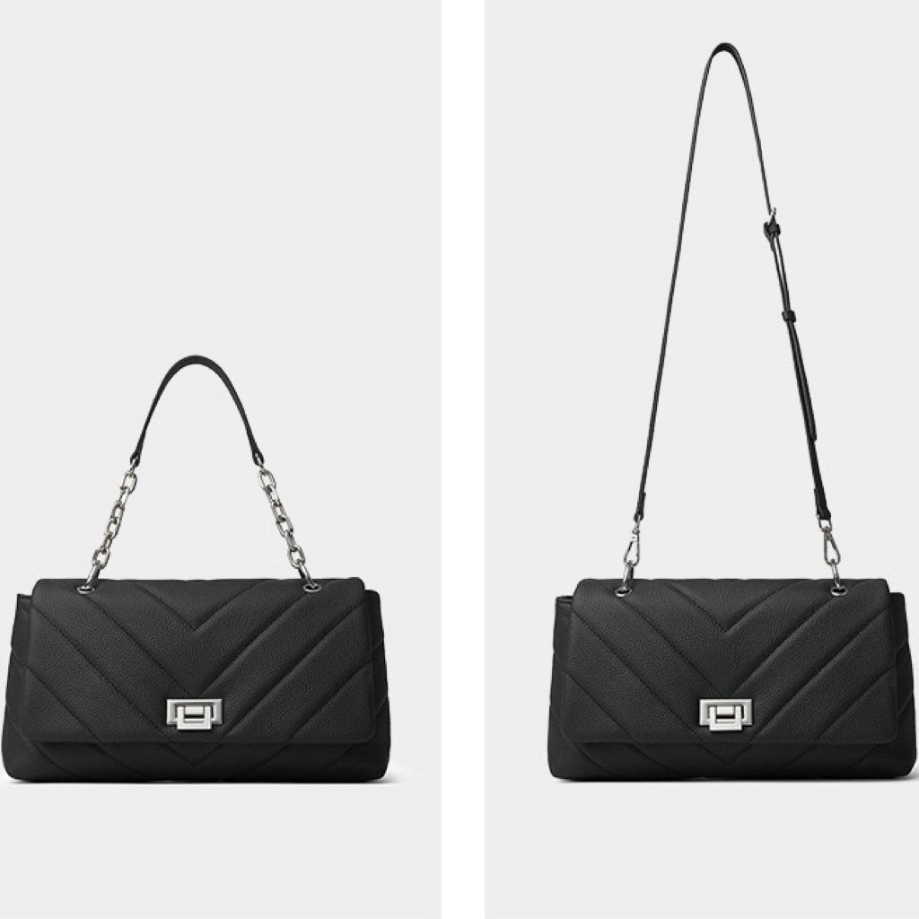 V-Quilted Genuine Leather Shoulder Bag with Chain Detail