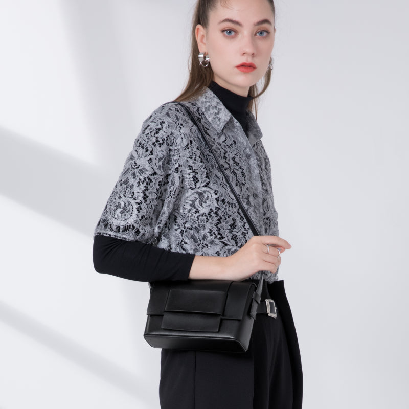 Genuine Leather Woven Box Crossbody Shoulder Bag in Minimalist Elegance