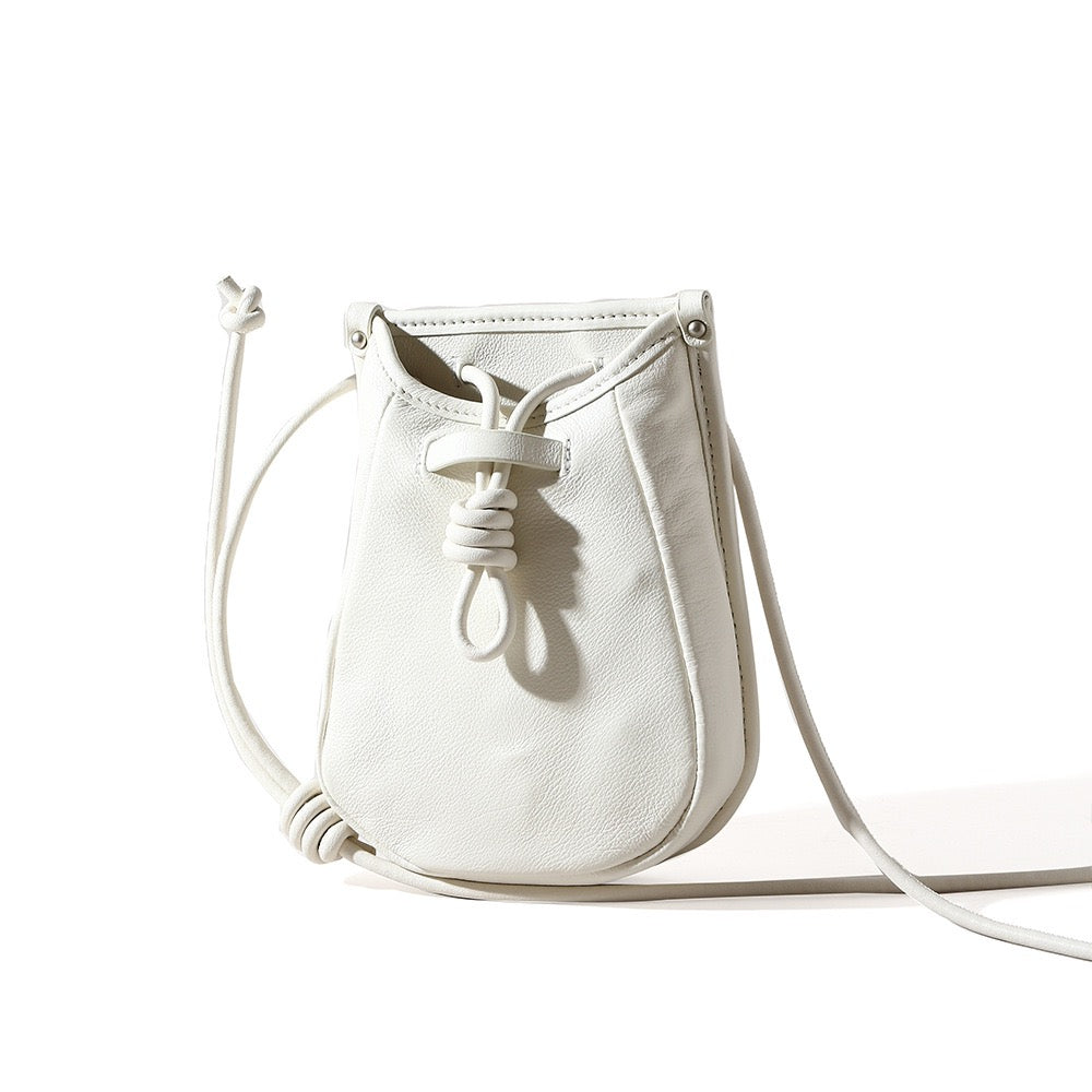 Genuine Leather Drawstring Crossbody Mini Bag for Women
