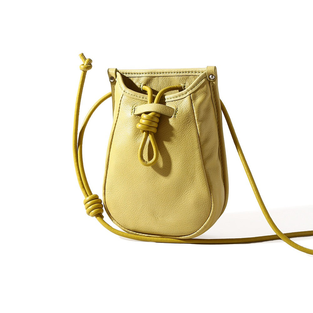 Genuine Leather Drawstring Crossbody Mini Bag for Women