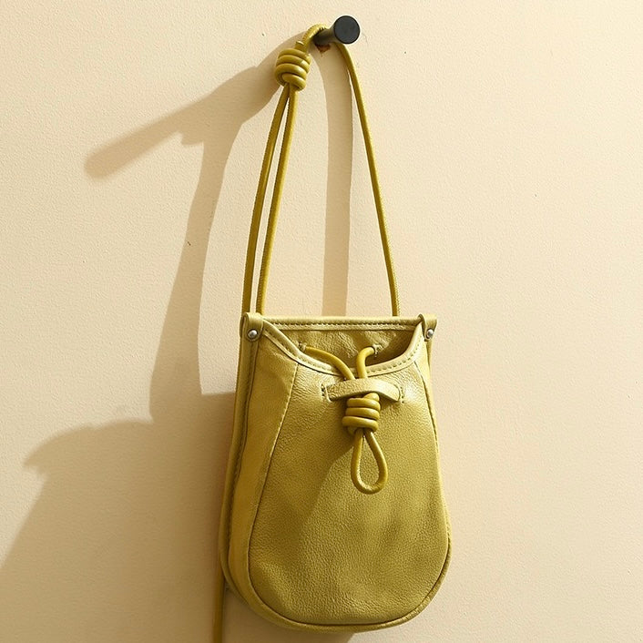 Genuine Leather Drawstring Crossbody Mini Bag for Women